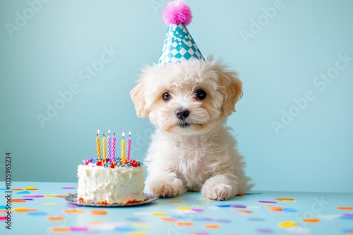 A small, fluffy dog wearing a colorful party hat. Birthday cake with candles. photo