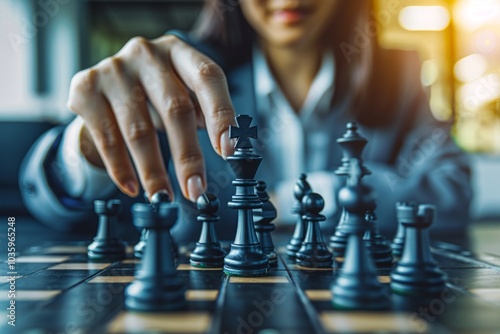 A woman strategically moves a chess piece on a board during a game. The image conveys focus and determination. Perfect for articles about strategy or competition. AI photo