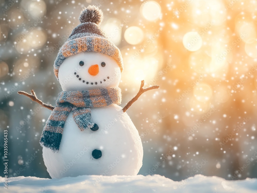 Greeting card with happy snowman standing in Christmas landscape. Greeting card with happy snowman standing in Christmas landscape.