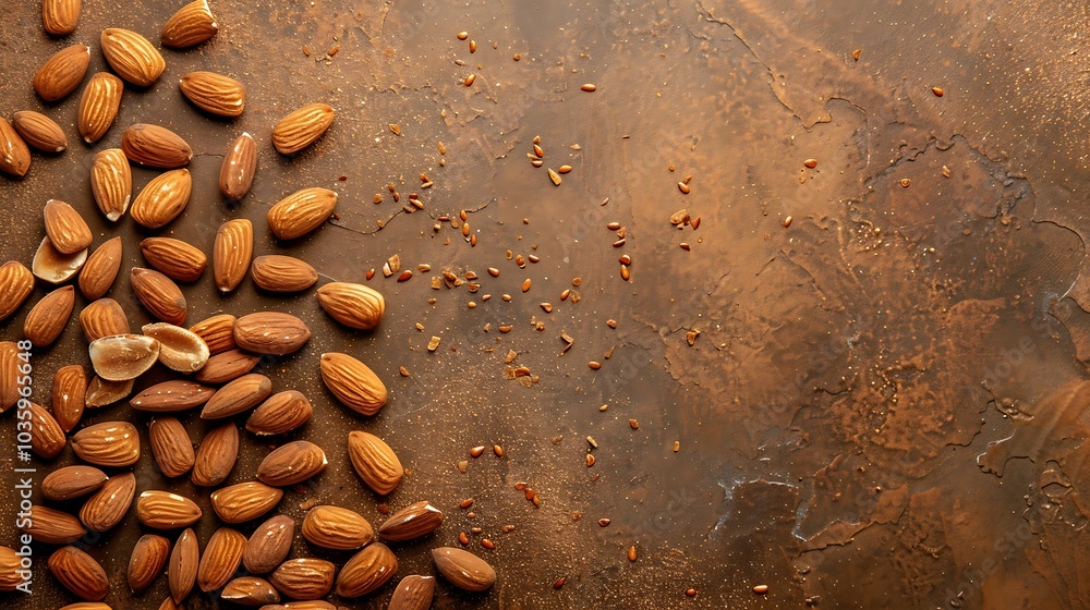 Almond nuts on brown background. Top view. Copy space. Almond nuts on brown background. Top view. Copy space.
