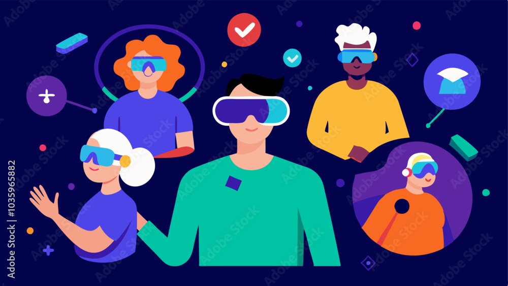 Naklejka premium Virtual Reality Experience An illustration of people putting on VR headsets that offer experiences related to disability perspectives with vibrant graphics showing different