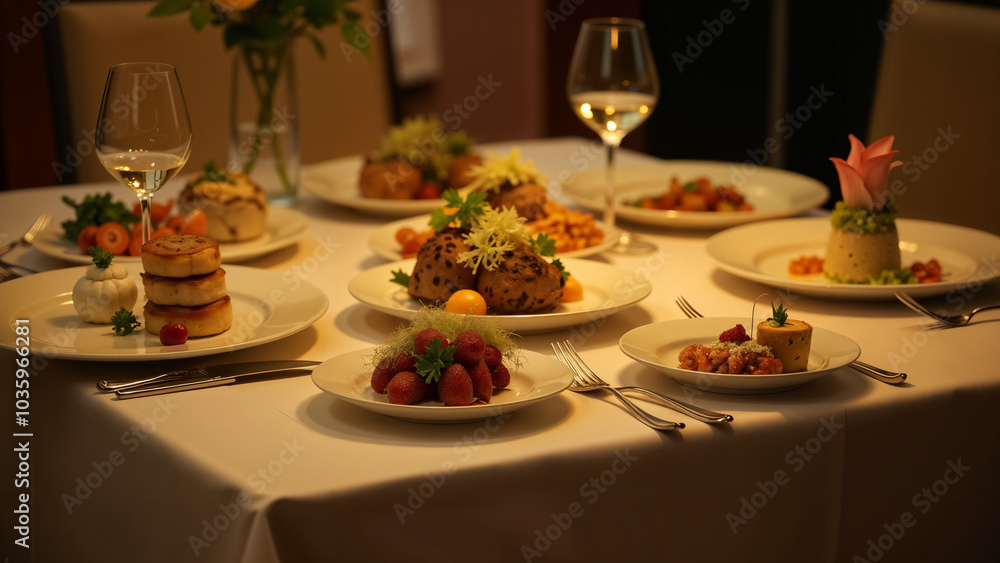 Fototapeta premium A Delectable Array of Several Plates of Food Artfully Arranged, Showcasing Culinary Creativity in an Elegantly Set Dining Space