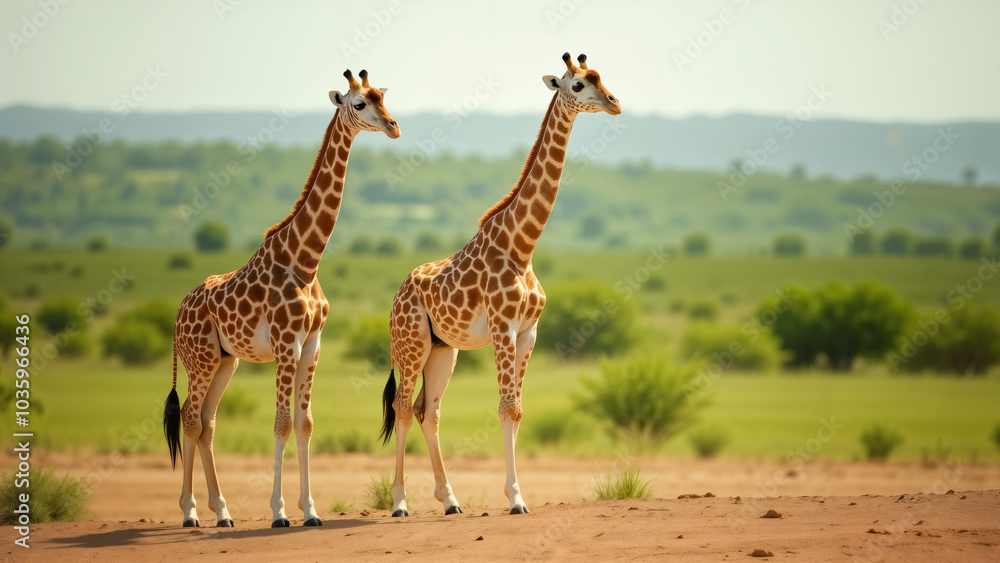 Graceful Heights: A Giraffe Stands Elegantly by a Dirt Field Amidst Lush Landscapes of Wildlife