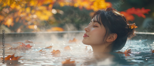 Asian woman relaxing in an outdoor onsen during autumn, calm and serene expression, enjoying the soothing warmth of the onsen amidst the crisp autumn air photo