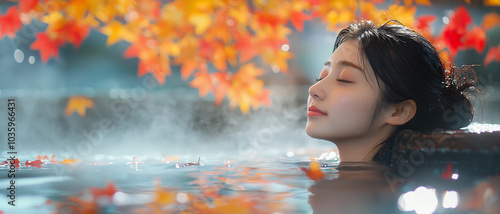 Asian woman relaxing in an outdoor onsen during autumn, calm and serene expression, enjoying the soothing warmth of the onsen amidst the crisp autumn air photo