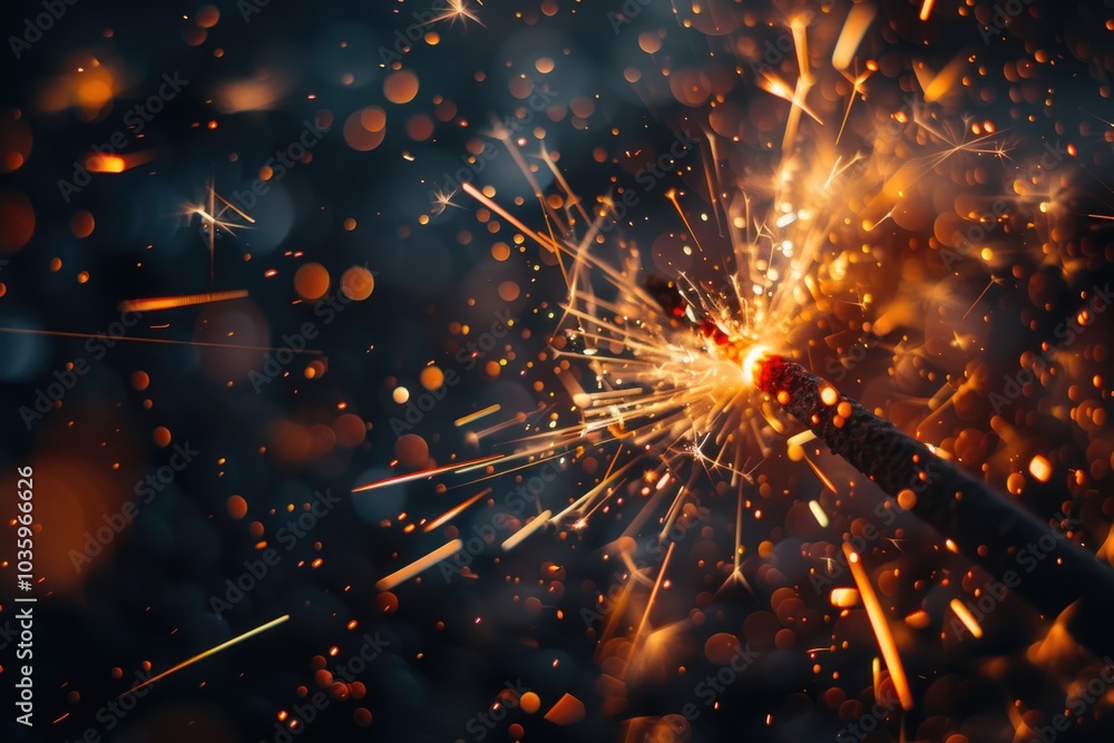 Obraz premium Closeup of sparkler emitting bright sparks on black background.