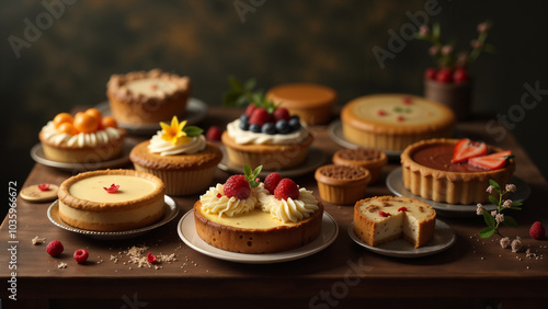 Assorted Cakes and Pies Beautifully Displayed on a Vintage Wooden Table Evoking Sweet Memories and Tempting Cravings