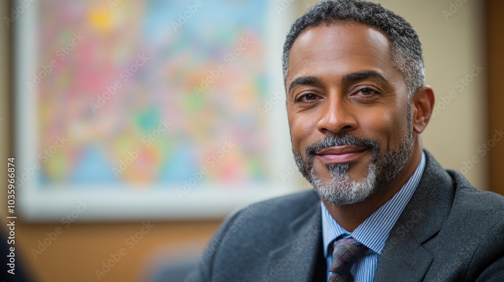 A business professional with a well-groomed beard is smiling confidently in an office setting, engaging in a discussion about projects and strategies, demonstrating leadership and positivity A business professional with a well-groomed beard is smiling confidently in an office setting, engaging in a discussion about projects and strategies, demonstrating leadership and positivity