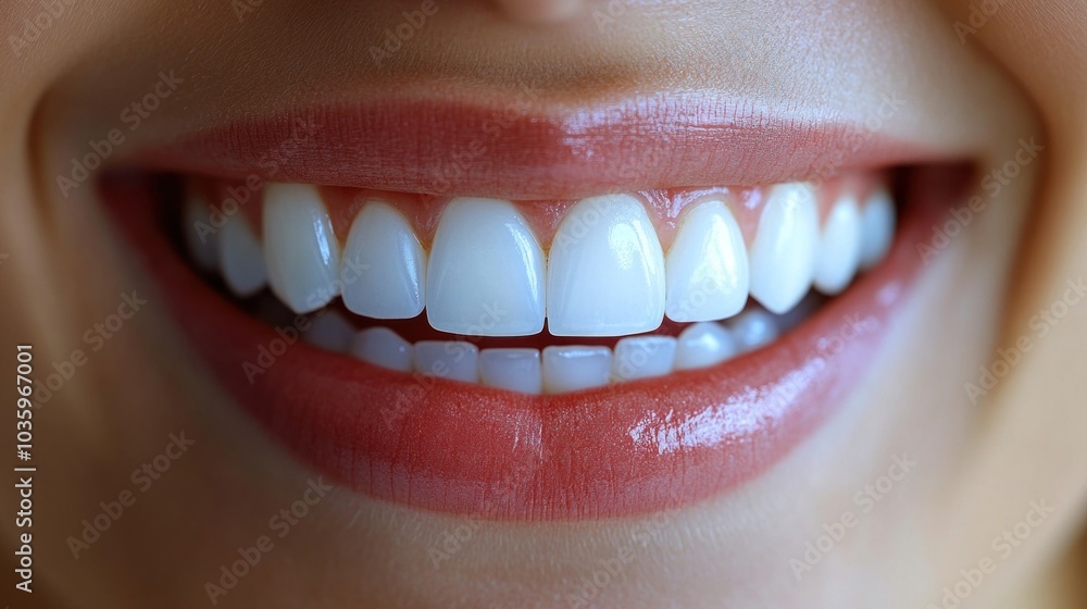 Obraz premium The picture shows a close-up of a person smiling broadly, highlighting their perfectly aligned, white teeth and glossy, healthy lips, reflecting joy and confidence