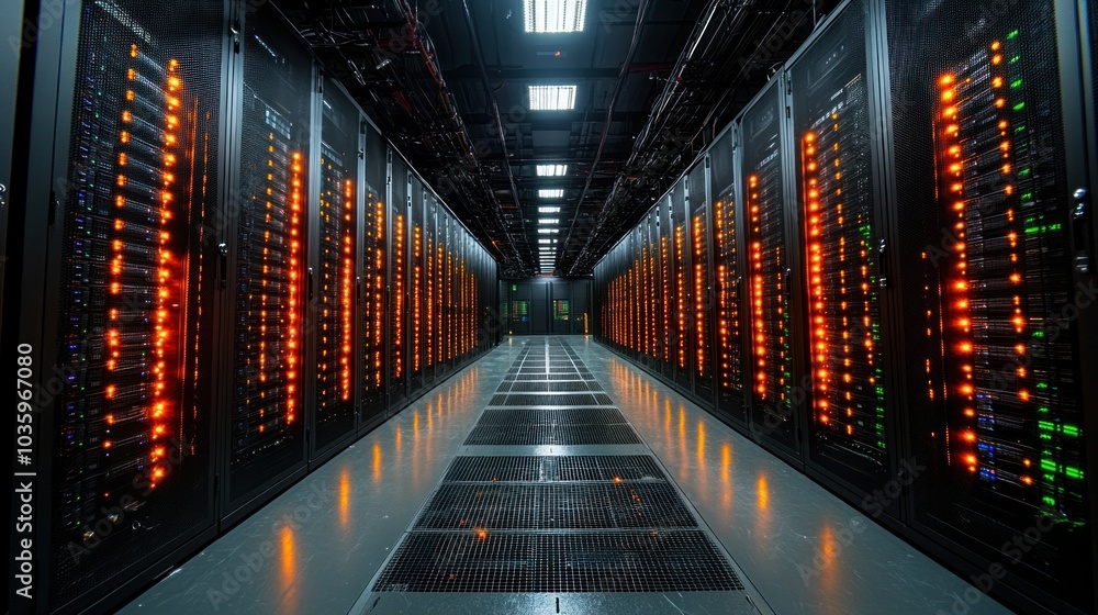 Obraz premium Servers and cloud infrastructure in a data center, showcasing the backbone of modern digitalization and cloud computing systems