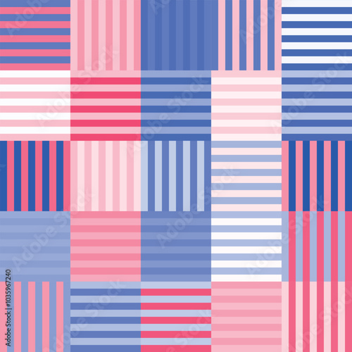 Vector seamless pattern of colored abstract geometric shapes and grid style bauhaus
