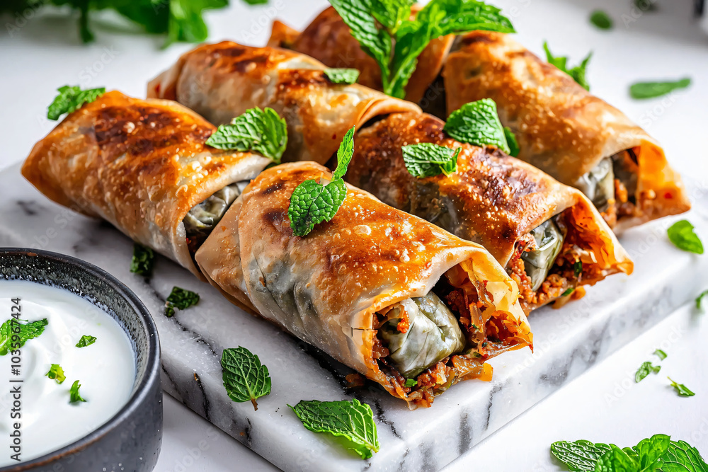 dolmas arranged vertically, marble serving board, classic white yogurt sauce, mint leaves scattered naturally dolmas arranged vertically, marble serving board, classic white yogurt sauce, mint leaves scattered naturally