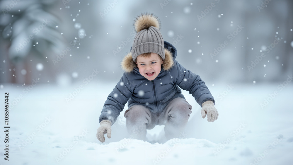 A Young Boy in Sports Gear Playing Enthusiastically in the Snow, Capturing Winter Joy and Excitement A Young Boy in Sports Gear Playing Enthusiastically in the Snow, Capturing Winter Joy and Excitement