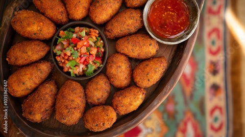 A delectable platter of Brazilian acaraje, deep-fried black-eyed pea fritters stuffed with spicy shrimp, vatapa photo