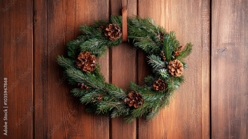 Christmas wreath on a front door, representing holiday greetings and the welcoming spirit of the season