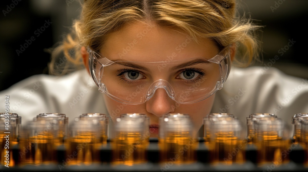 A researcher in protective eyewear examines multiple test tubes filled with liquid in a state-of-the-art laboratory. Concentration is evident as she studies the samples closely A researcher in protective eyewear examines multiple test tubes filled with liquid in a state-of-the-art laboratory. Concentration is evident as she studies the samples closely
