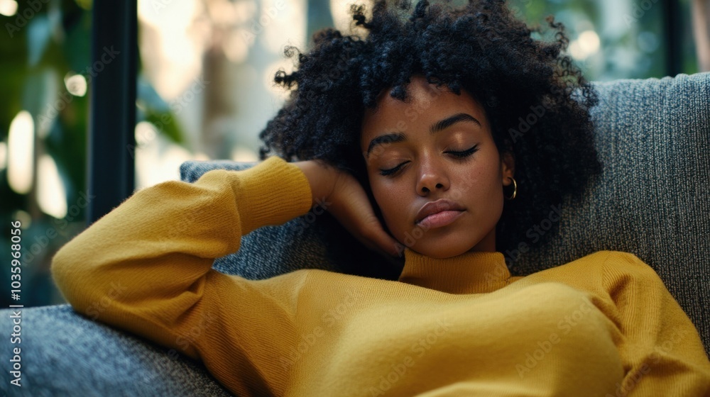 A young woman with curly hair rests comfortably on a soft sofa, eyes closed, as sunlight filters through a window, creating a peaceful atmosphere with plants visible