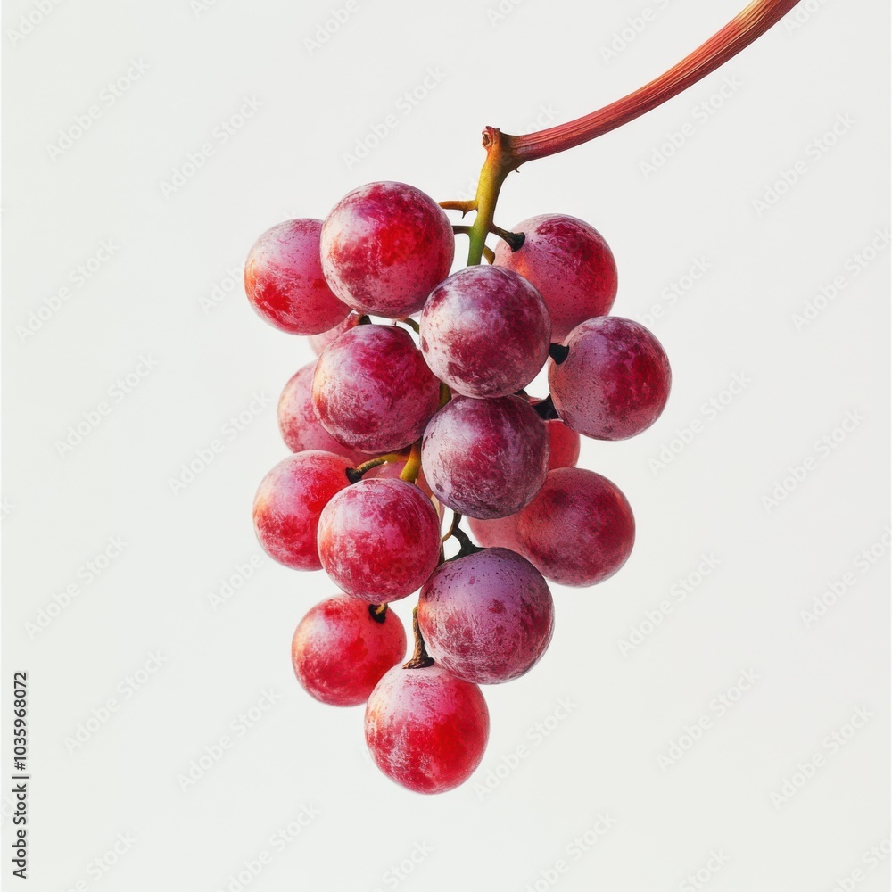 Close-up of fresh red grapes with dew on stem against white background Close-up of fresh red grapes with dew on stem against white background
