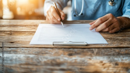 A healthcare professional is sitting at a wooden table, focused on writing notes on a clipboard. The warm light streams into the room, highlighting the attentive atmosphere of the consultation