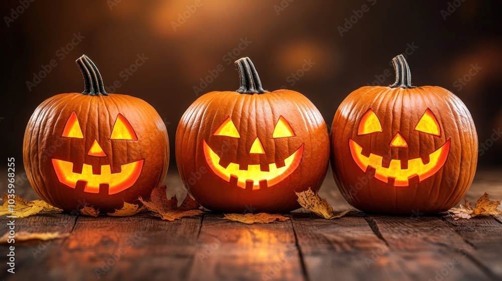 Three carved pumpkins sit on a wooden table, glowing warmly with cheerful faces. The surroundings have fallen autumn leaves, creating a festive Halloween atmosphere Three carved pumpkins sit on a wooden table, glowing warmly with cheerful faces. The surroundings have fallen autumn leaves, creating a festive Halloween atmosphere