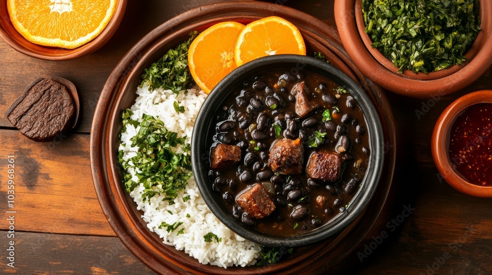 A delectable platter of Brazilian feijoada, black bean stew with pork, beef A delectable platter of Brazilian feijoada, black bean stew with pork, beef
