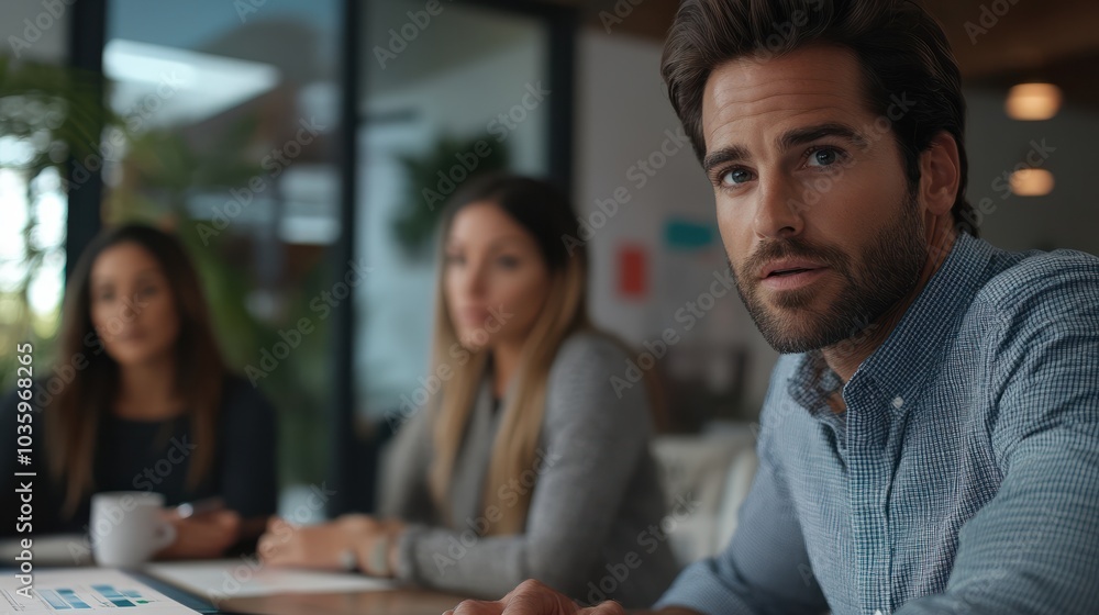 Business meeting with real estate brokers and startup founders reviewing a marketing presentation, close-up shot Business meeting with real estate brokers and startup founders reviewing a marketing presentation, close-up shot