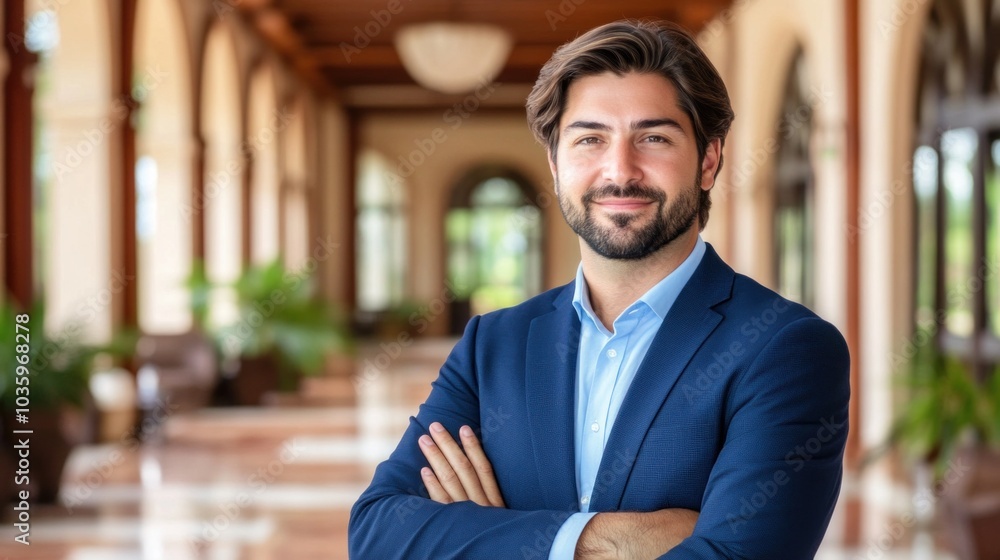 Fototapeta premium A well-dressed man stands confidently in a beautifully designed hotel lobby, arms crossed, smiling naturally as sunlight illuminates the space