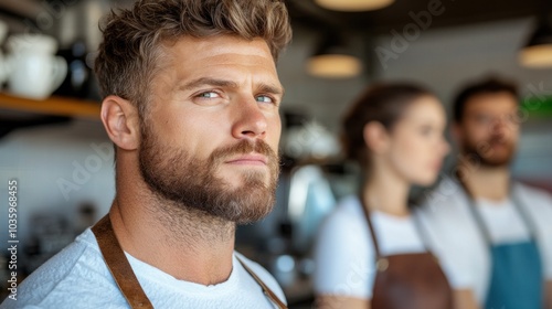 A barista with a striking beard looks intently at the camera while working in a bustling coffee shop