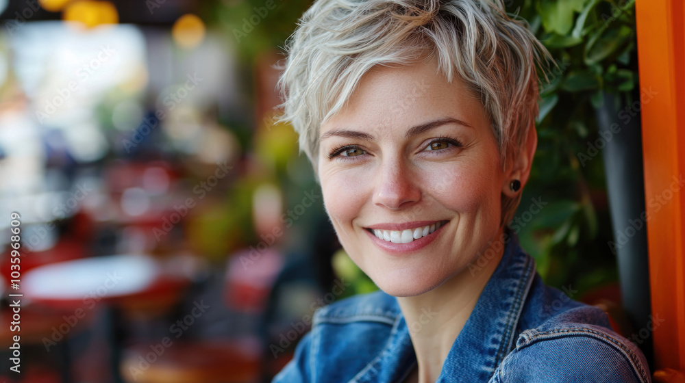 Close-up portrait of a smiling woman with short blonde hair, wearing a denim jacket, vibrant outdoor cafe background, direct gaze into the camera Close-up portrait of a smiling woman with short blonde hair, wearing a denim jacket, vibrant outdoor cafe background, direct gaze into the camera