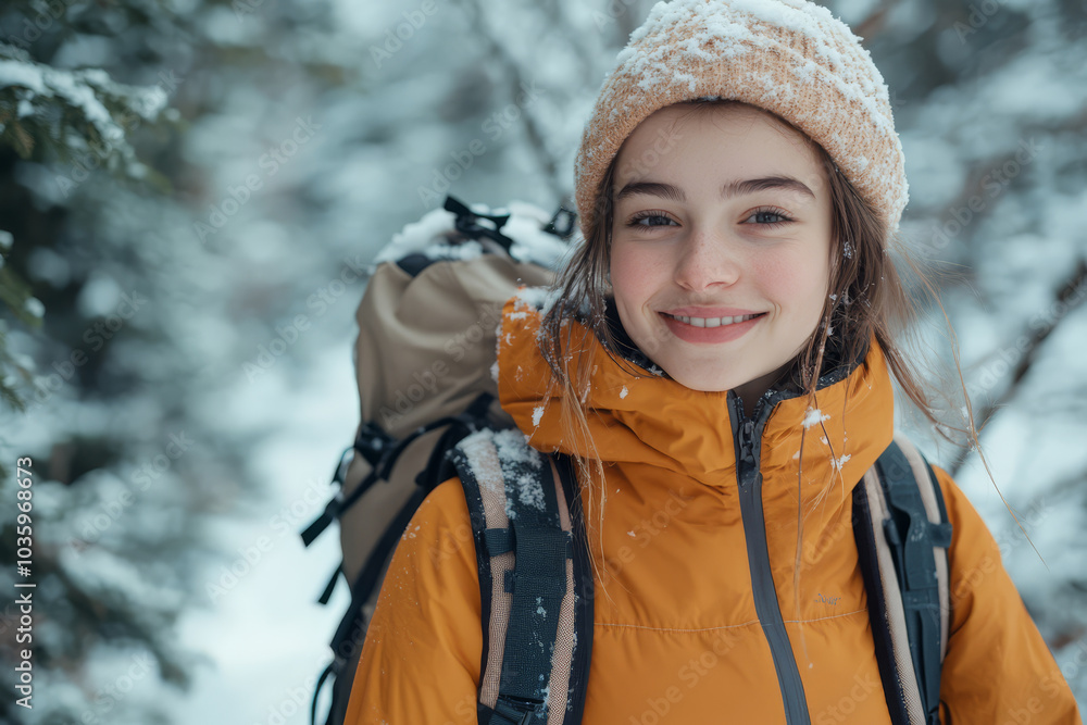 young woman with backpack and hiking sticks stands in snowy forest, smiling warmly. She wears cozy orange jacket and knitted hat, enjoying winter adventure young woman with backpack and hiking sticks stands in snowy forest, smiling warmly. She wears cozy orange jacket and knitted hat, enjoying winter adventure