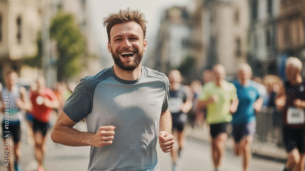 A happy runner in a marathon race smiles and looks at the camera as he runs down the street. A happy runner in a marathon race smiles and looks at the camera as he runs down the street.