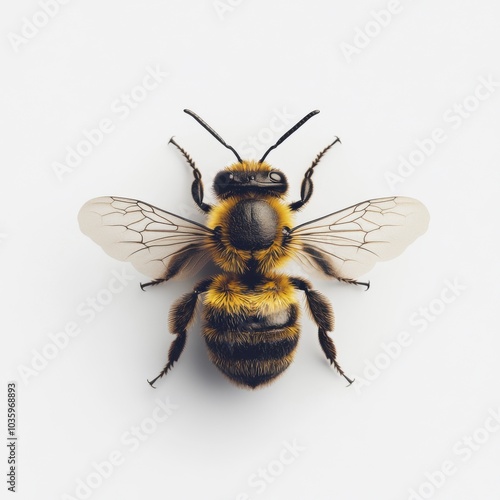 Close-up of a detailed bee on a white background showcasing wings and body texture