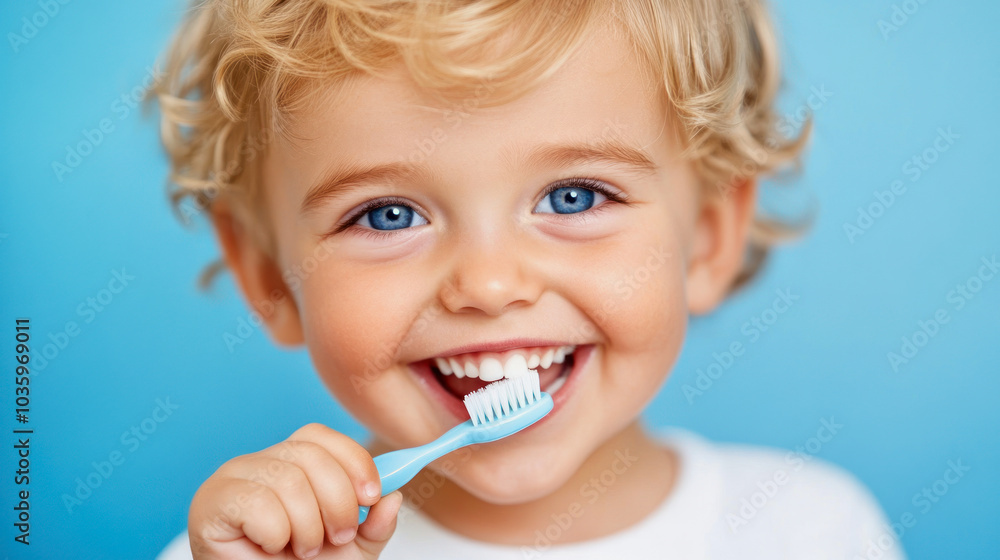 A cheerful blond boy brushes his teeth in a bright, colorful bathroom, showcasing healthy dental hygiene habits at a young age A cheerful blond boy brushes his teeth in a bright, colorful bathroom, showcasing healthy dental hygiene habits at a young age