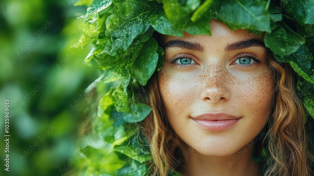 A young woman with striking blue eyes and freckles poses with a crown of green leaves on her head in a vibrant garden. She radiates joy and harmony with nature A young woman with striking blue eyes and freckles poses with a crown of green leaves on her head in a vibrant garden. She radiates joy and harmony with nature