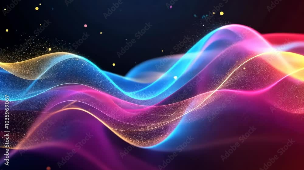 Abstract waves of blue, pink, and yellow glow against a dark background Abstract waves of blue, pink, and yellow glow against a dark background