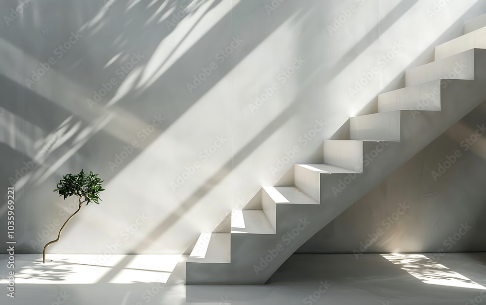 Obraz premium White stairs with shadow on wall, interior design concept. 3d render