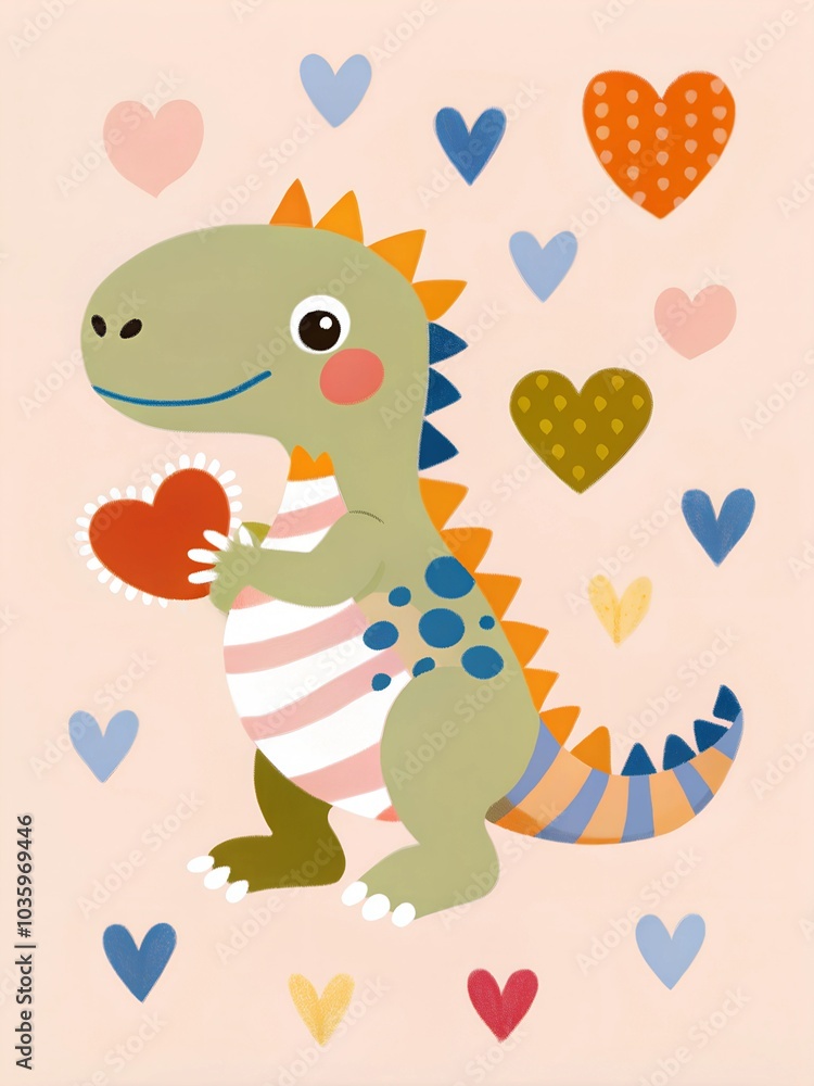 Obraz premium Hand drawn Valentine’s day card with cartoon little cute dinosaur holding a heart. illustration for poster or print decoration.