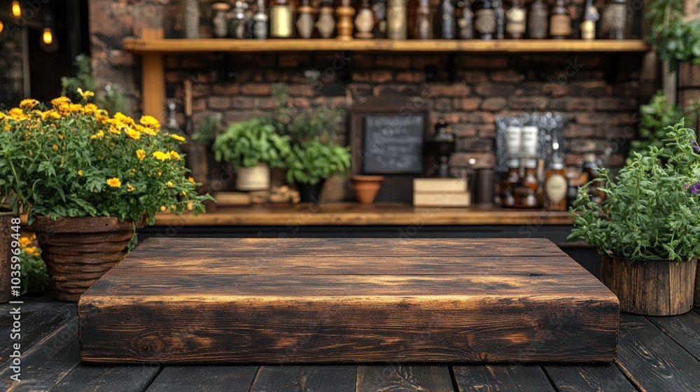 A sturdy wooden table sits adorned with lush greenery and colorful flowers, creating an inviting atmosphere in a garden A sturdy wooden table sits adorned with lush greenery and colorful flowers, creating an inviting atmosphere in a garden
