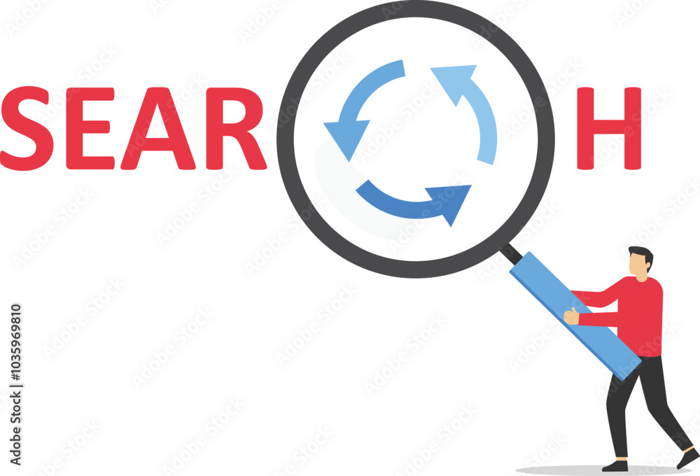 The search engine. Businessman holds a magnifying glass for searching. Business deal. Flat vector illustration.
The search engine. Businessman holds a magnifying glass for searching. Business deal. Flat vector illustration.