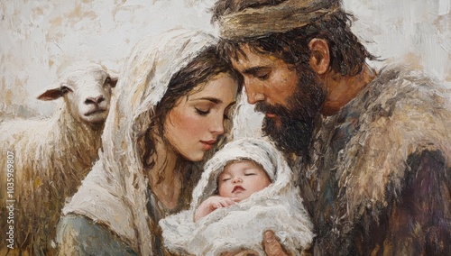 Jesus, Joseph, Mary and sheeps in the barn.	
