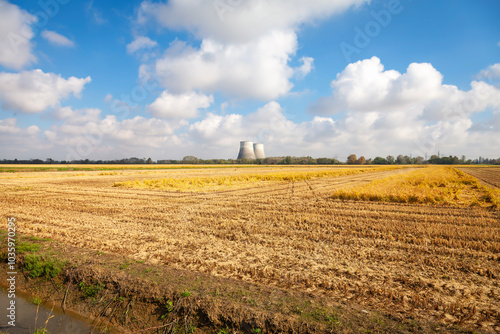 View of the coolin towers of the Trino 2 nuclear power plant (Trino Vercellese, Piedmont, Northern Italy), with ready to harvest paddy fields in the foreground. This power plant was put out of service photo