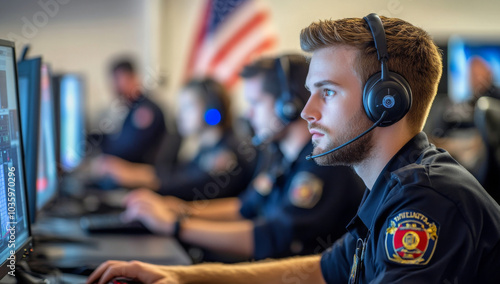 Inside a 911 dispatch center, with operators using advanced technology to coordinate first responders, police, and medical teams. 