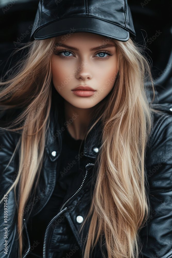 A girl confidently poses in a chic biker leather outfit, showcasing her bold style and vibrant blue eyes during a sunny day outdoors A girl confidently poses in a chic biker leather outfit, showcasing her bold style and vibrant blue eyes during a sunny day outdoors