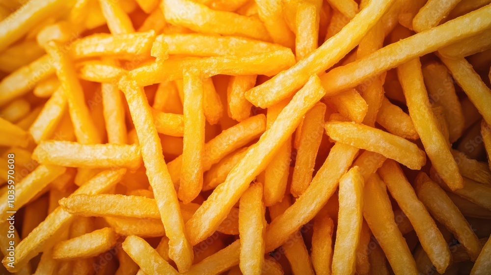 Crisp, detailed view of French fries on a conveyor belt in a state-of-the-art food plant, focusing on the cleanliness and efficiency Crisp, detailed view of French fries on a conveyor belt in a state-of-the-art food plant, focusing on the cleanliness and efficiency