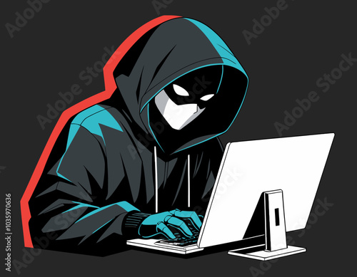hacker with laptop computer isolated on white background