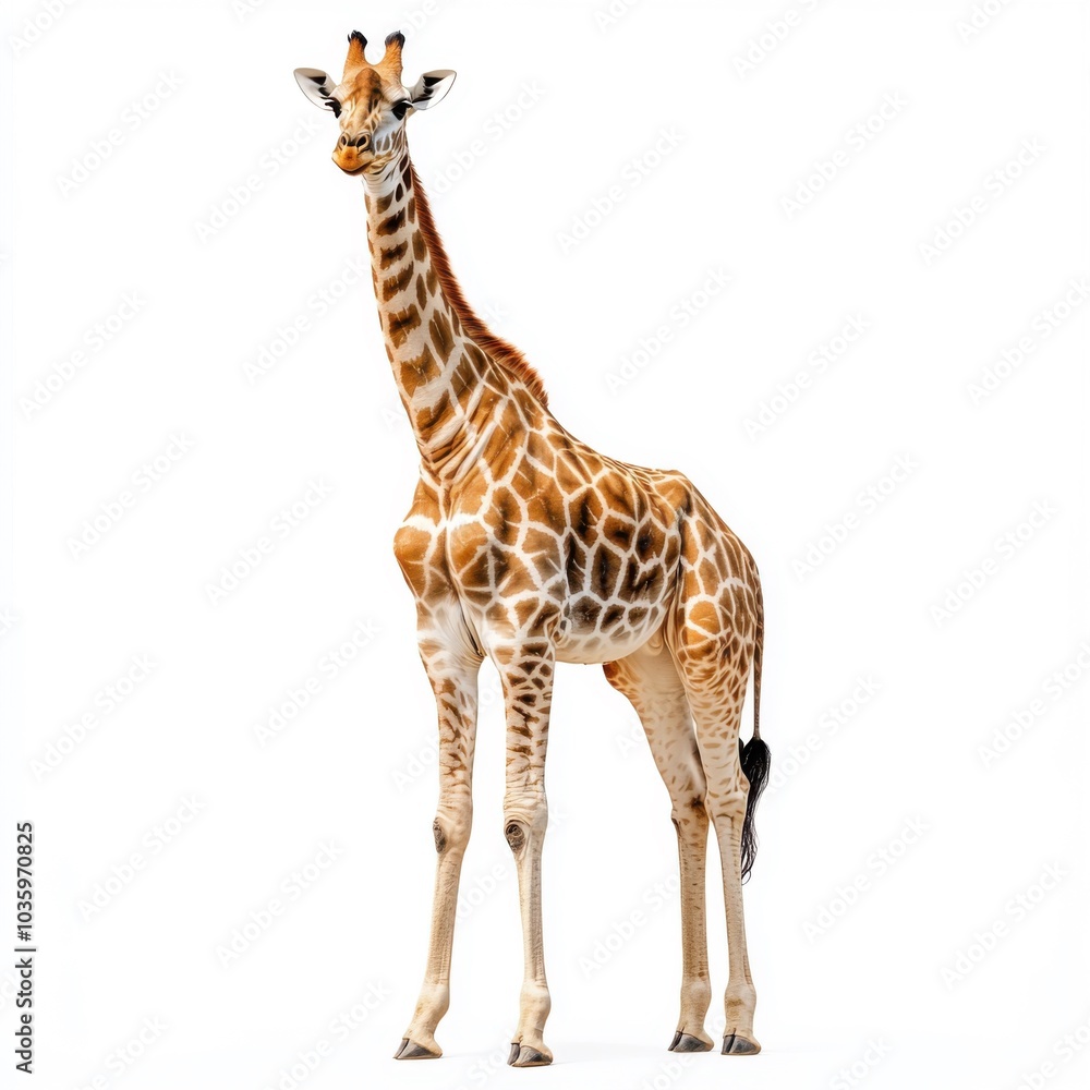 Obraz premium Tall giraffe standing against white background in studio african wildlife animal portrait