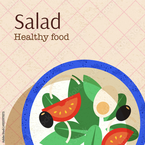 Salad Healthy Food. Vector Illustration of Cafe Menu. Flatlay on the table. Text Typography Poster. Flat Top View Design. Fresh Tomato Leaf.