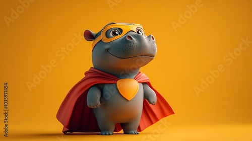 Cute cartoon hippopotamus wearing a red cape and a mask, looking like a superhero. photo