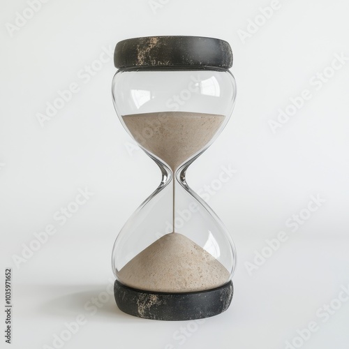 Classic hourglass with white sand flowing indoors symbolizing time and patience