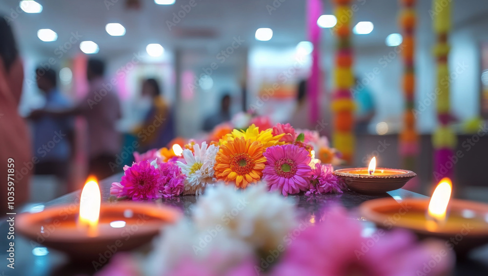 Obraz premium Corporate Diwali Celebration: Gift Exchange and Diyas in a Festive Office Setting 